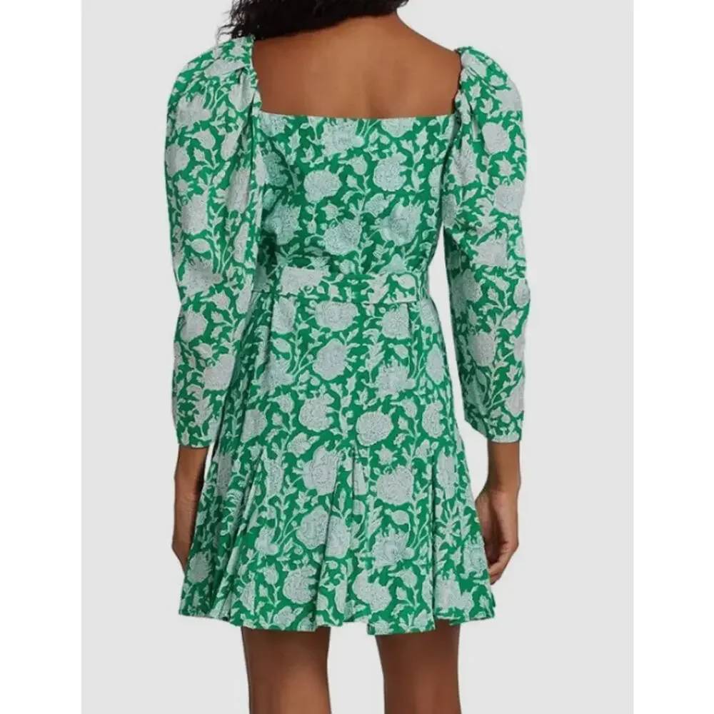 Mille Resort Anais Belted Mini Hand Block Print Dress Green Zinnia Size‎ Small - Picture 2 of 12